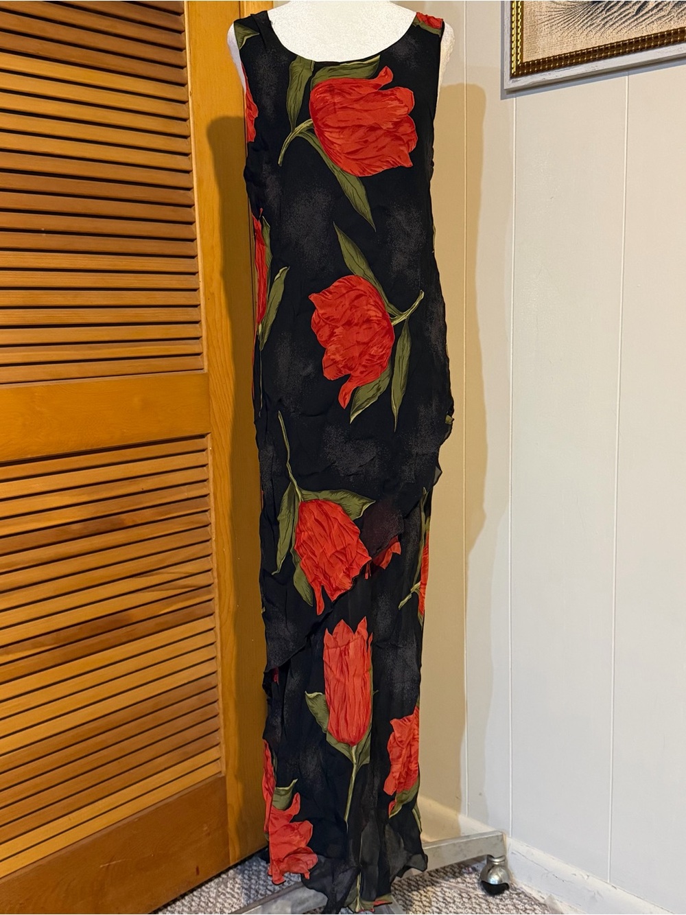 Vintage 90s Black Maxi Dress with Red tulip Print asymmetrical ruffle hem